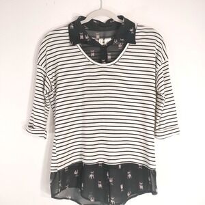 French Bulldog Print/Striped Top; Red Camel; Layered Hem, 3/4 Sleeve